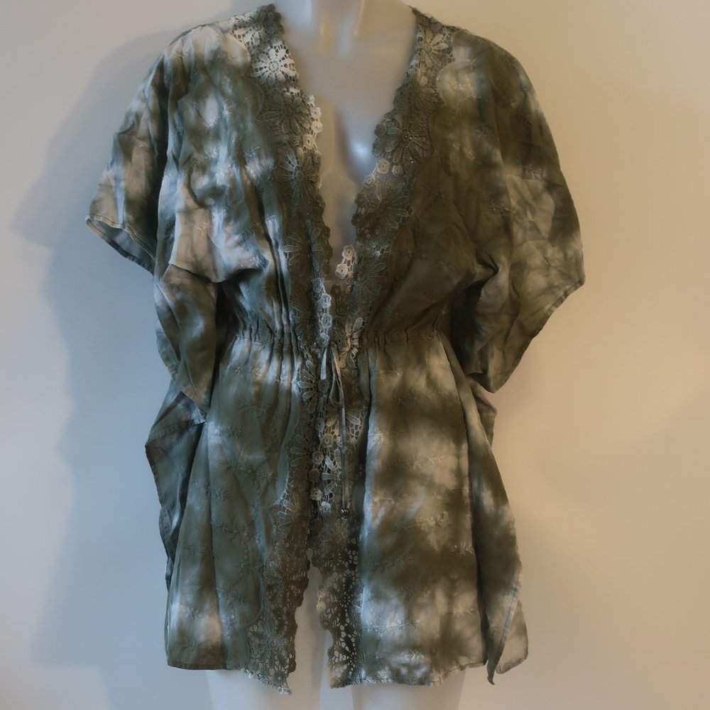 Womens Jad Green White Cotton Tie Dye Top Blouse M *